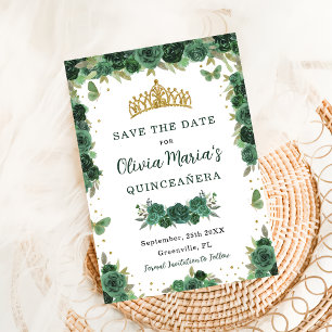 Save The Date Quinceañera Emerald Green Floral Butterflies Tiara