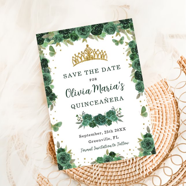 Save The Date Quinceañera Emerald Green Floral Butterflies Tiara (Créateur téléchargé)