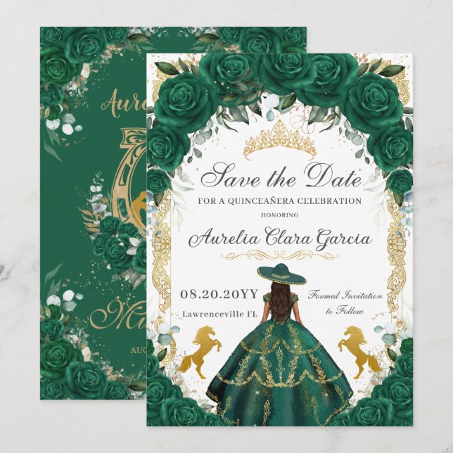 Save The Date Quinceañera Emerald Green Floral Charro Chevaux (Devant / Derrière)