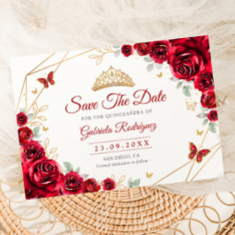 Save The Date Quinceanera Floral Red Roses Gold