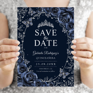 Save The Date Quinceañera Florale Bleu Marine Argent