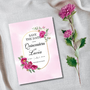Save The Date Quinceañera Géométrique rose Fuchsia Floral Or