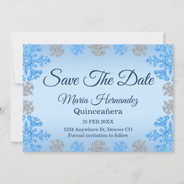 Save The Date Quinceañera Ice Blue Silver Winter Snowflake (Devant)