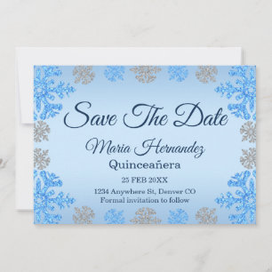 Save The Date Quinceañera Ice Blue Silver Winter Snowflake