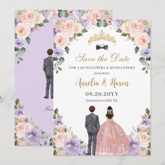 Save The Date Quinceañera Lilac Blush Floral Twins Garçon Girl (Devant / Derrière)