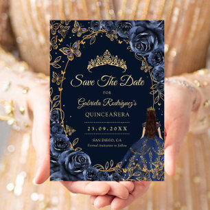 Save The Date Quinceanera Navy Or Roseaux Papillons Dorés
