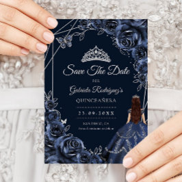 Save The Date Quinceanera Navy Silver Butterflies Roses