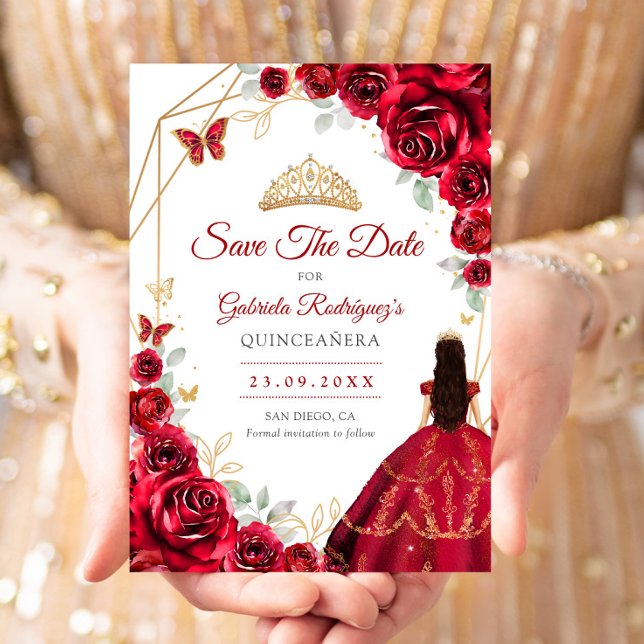 Save The Date Quinceanera Red Roses Dress Gold (Créateur téléchargé)