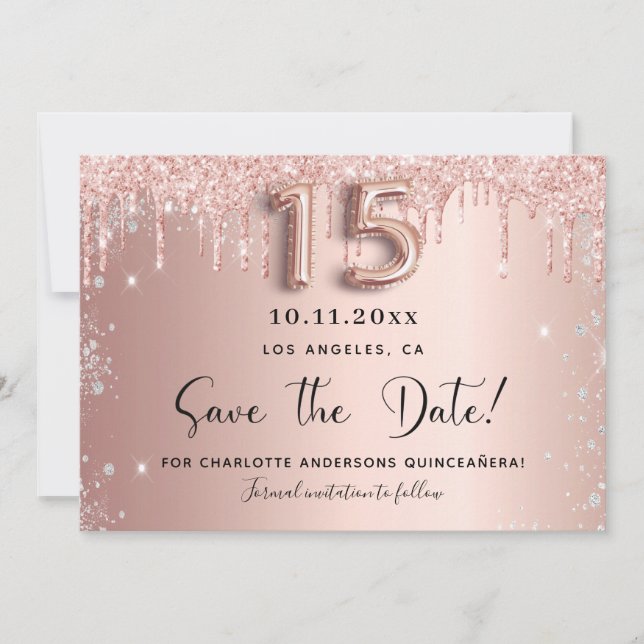 Save The Date Quinceanera rose or argent parties scintillant enr (Devant)