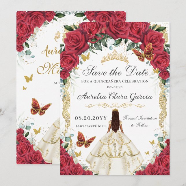 Save The Date Quinceañera Roses Rouges Floral Blanc Robe Or (Devant / Derrière)