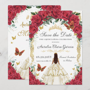 Save The Date Quinceañera Roses Rouges Floral Blanc Robe Or