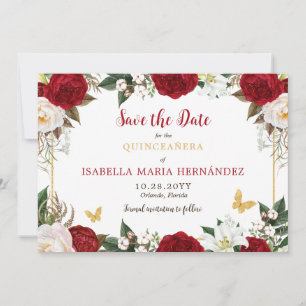 Save The Date Quinceañera rouge et or élégant