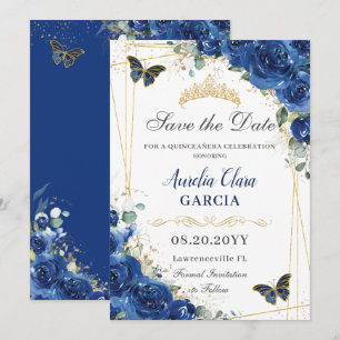 Save The Date Quinceañera Royal Blue Floral Papillons Anniversai