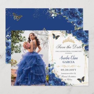Save The Date Quinceañera Royal Blue Floral Papillons Anniversai