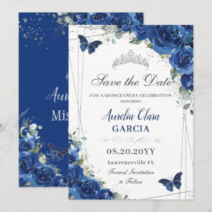 Save The Date Quinceañera Royal Blue Floral Papillons Anniversai