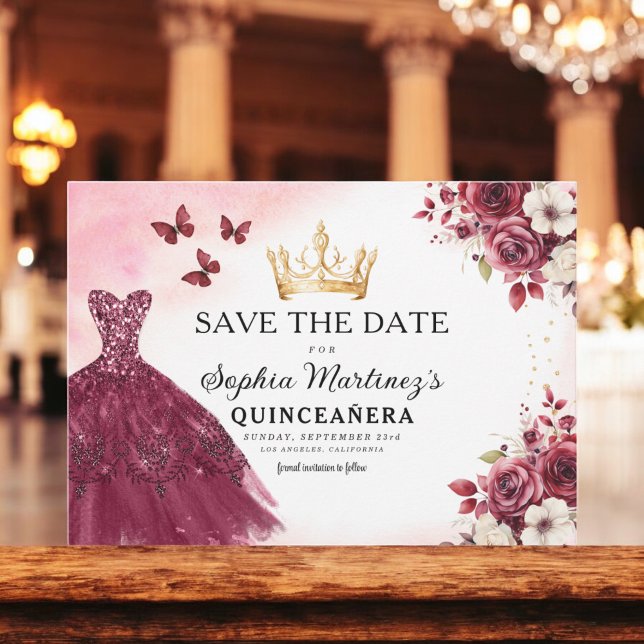 Save The Date Quinceanera Sauvez la date Floral Bourgogne (Créateur téléchargé)