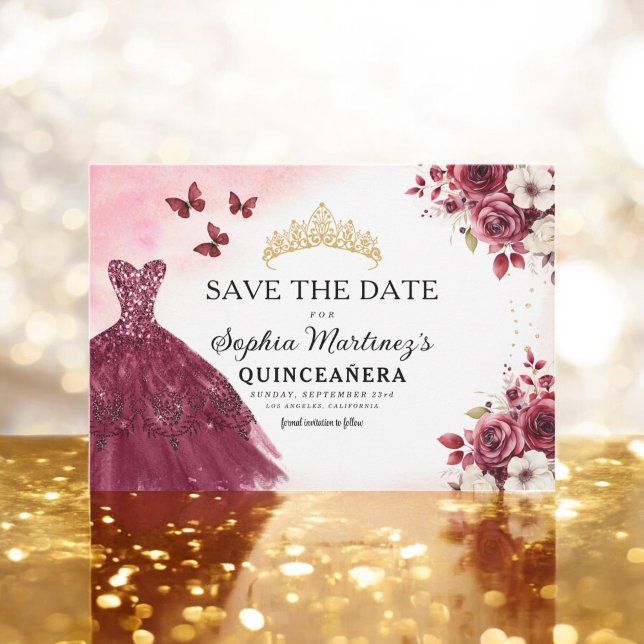 Save The Date Quinceanera Sauvez la date Floral Bourgogne (Créateur téléchargé)