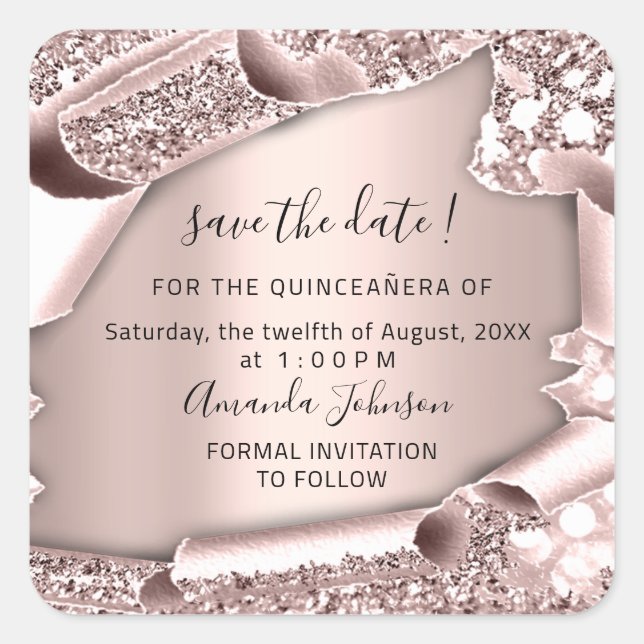 Save the Date QUINCEAÑERA Süße 16. Rose Quadratischer Aufkleber (Vorderseite)
