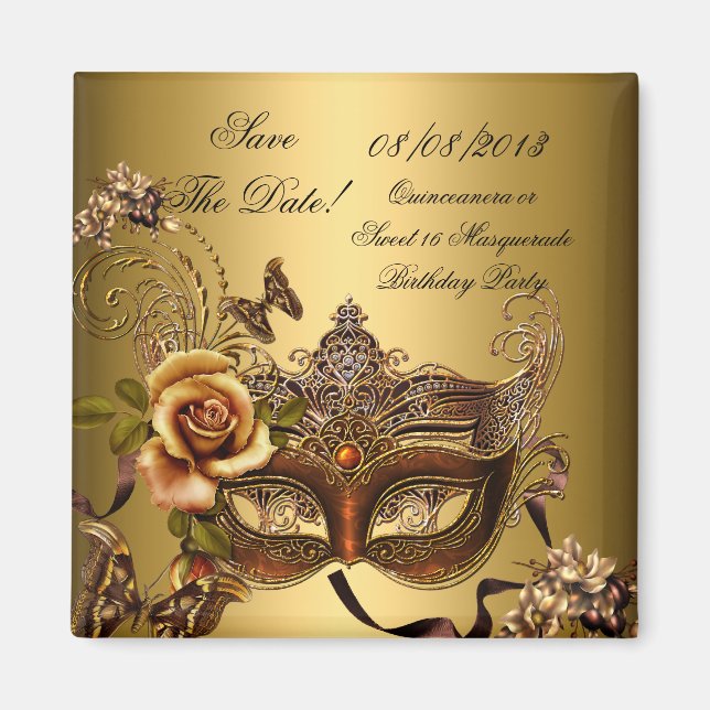 Save the Date Quinceanera Sweet 16 Masquerade Gold Magnet (Vorne)