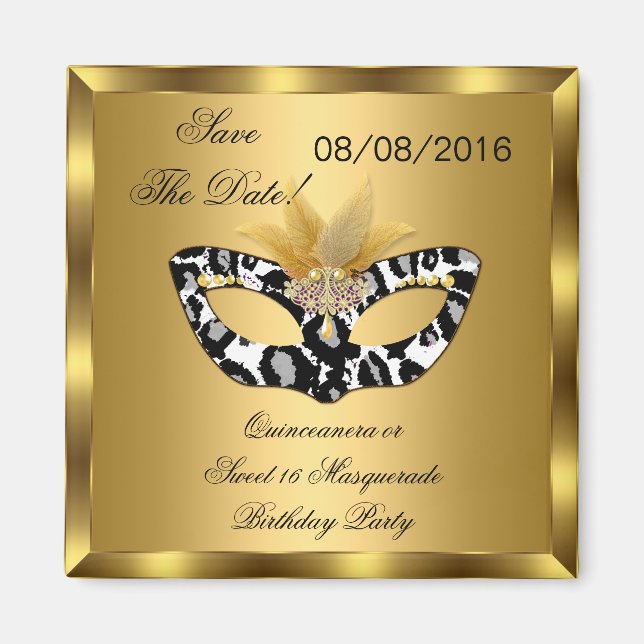 Save the Date Quinceanera Sweet 16 Masquerade Gold Magnet (Vorne)