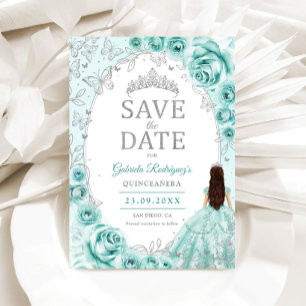 Save The Date Quinceanera Turquoise Argent Floral