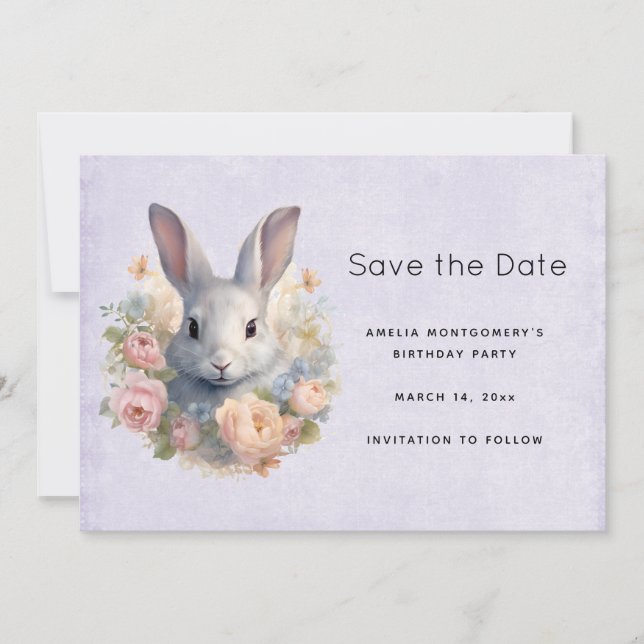 Save The Date Rabbit Surrounded by Pastel Flowers Cute (Devant)