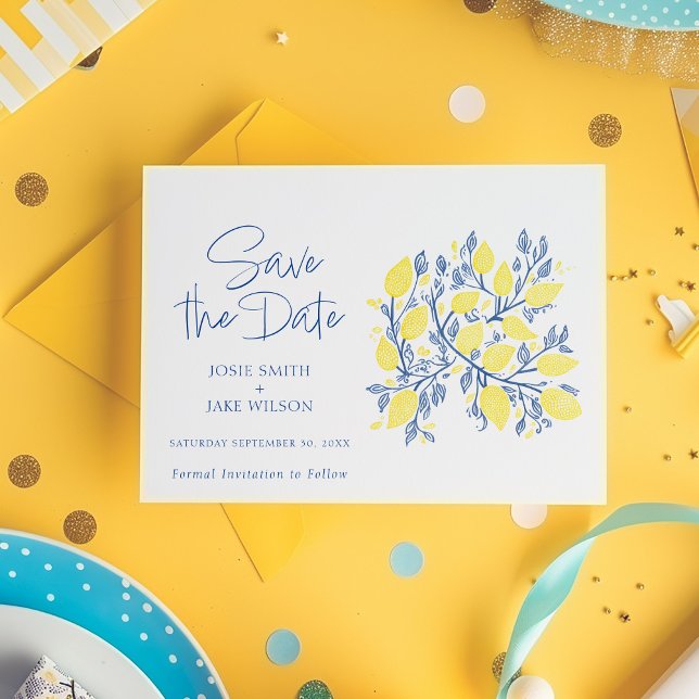 Save The Date Rafraîchir les vignes de citron enregistrer la dat (Bright and colorful Mediterranean inspired yellow lemons and blue vines Save the Date card)