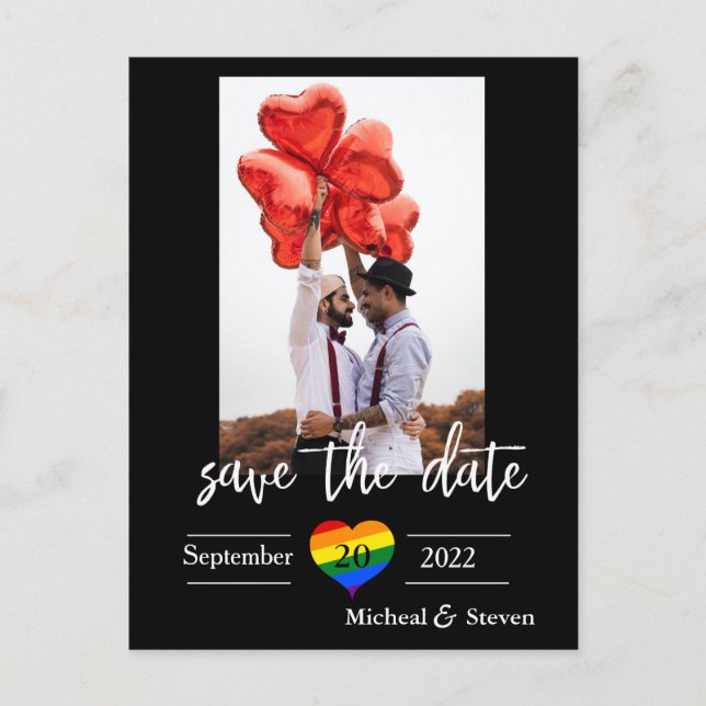Save the Date Rainbow Heart Foto Ankündigungspostkarte (Vorderseite)