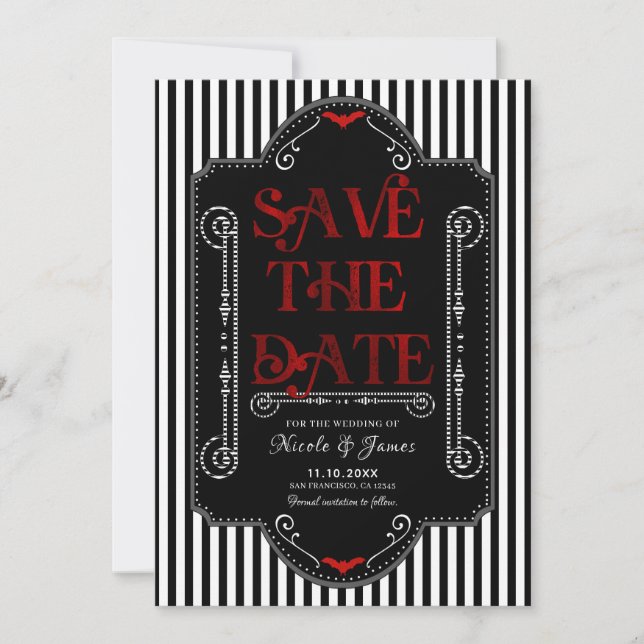 Save The Date Rayures noires et blanches Gothique Rouge Chauve-s (Devant)