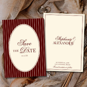 Save The Date Rayures profondes bordeaux vintage mariage argent