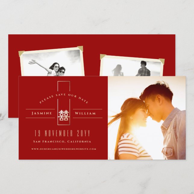 Save The Date Rectangle Double Bonheur Mariage chinois photo (Devant / Derrière)
