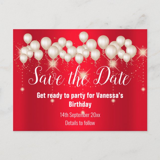 Save the Date Red Balloons Sparkle Alles Unterfang Ankündigungspostkarte (Vorderseite)