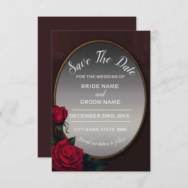 Save The Date Red Blush Floral Silver Gray Mirror (Devant / Derrière)