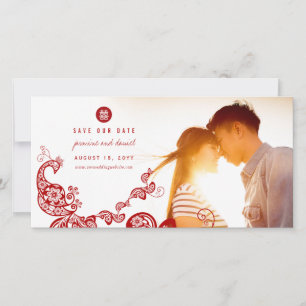 Save The Date Red Boho Peacock chinois Double Bonheur Photo