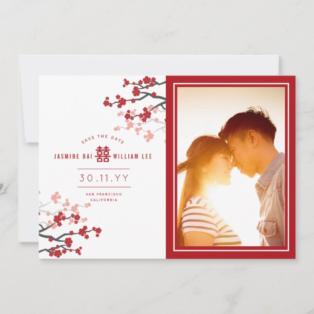 Save The Date Red Cherry Blossoms Chinois Double Bonheur Photo (Devant)