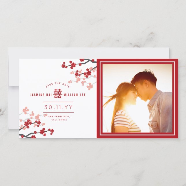 Save The Date Red Cherry Blossoms Chinois Double Bonheur Photo (Devant)