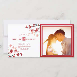 Save The Date Red Cherry Blossoms Chinois Double Bonheur Photo
