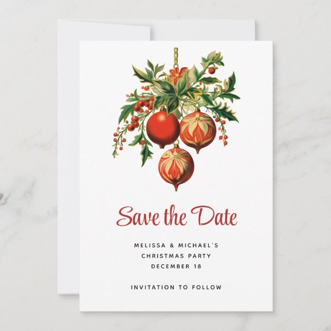 Save The Date Red Christmas Baubles avec Holly Festive (Devant)