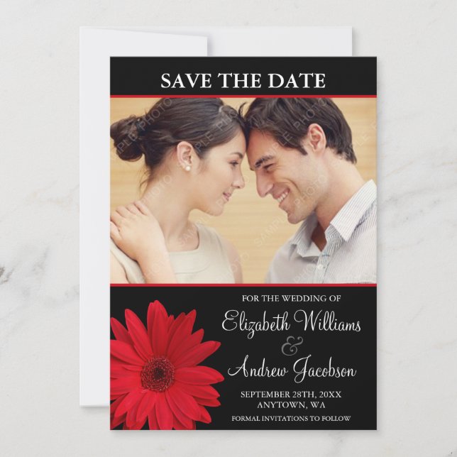 Save The Date Red Daisy Black Photo Enregistrer la date (Devant)