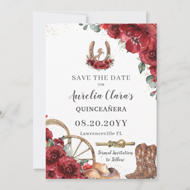 Save The Date Red Floral Wild West Horse Charro Quinceañera (Devant)