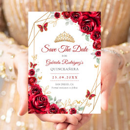 Save The Date Red Gold Floral Quinceanera