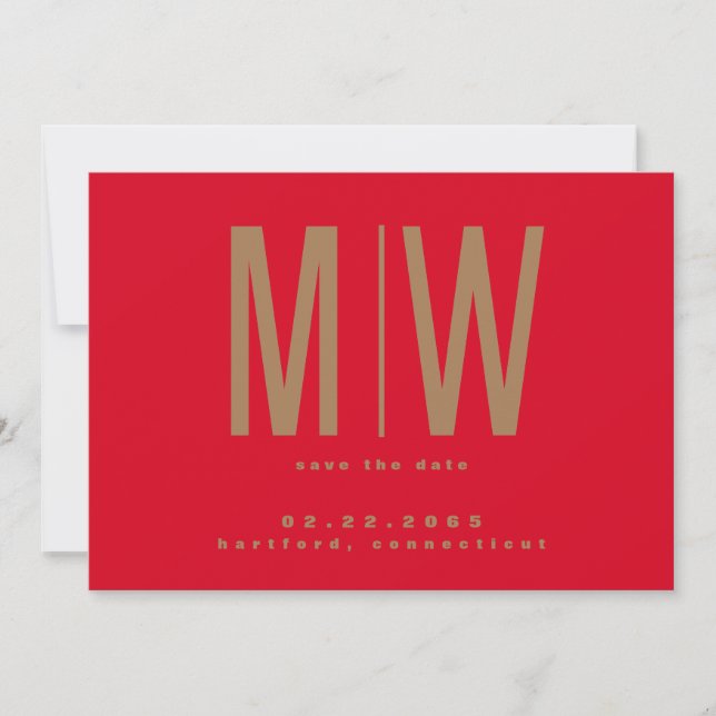 Save The Date Red & Gold Lg. Monogramme mariage Enregistrer la d (Devant)
