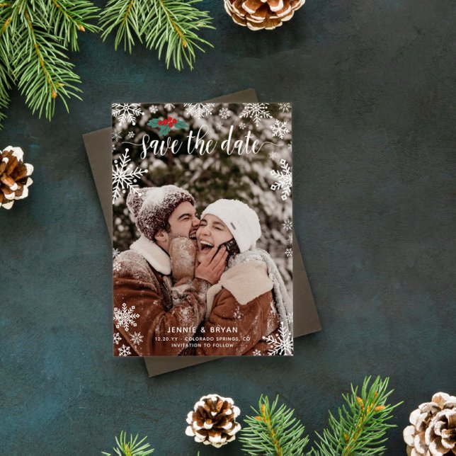 Save The Date Red Holly Snowflakes Big Photo Christmas Mariage (Créateur téléchargé)