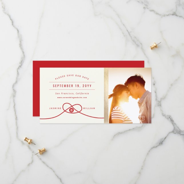 Save The Date Red Knot Double Bonheur Mariage chinois Photo (Devant/Arrière en situation)