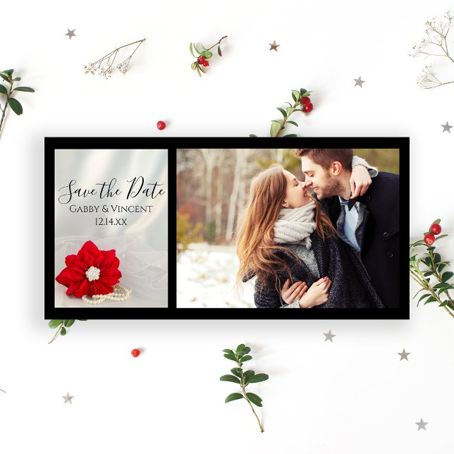 Save The Date Red Poinsettia Pearls Mariage d'hiver Enregistrer  (Announce your December wedding date with the festive Poinsettia and Pearls Save the Date Photo Card.)