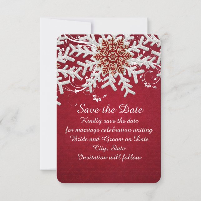 Save The Date Red Romantic Christmas Snowflakes Sauvez la date (Devant)