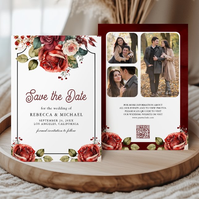 Save The Date Red Roses Floral Photo QR Code Mariage (Créateur téléchargé)