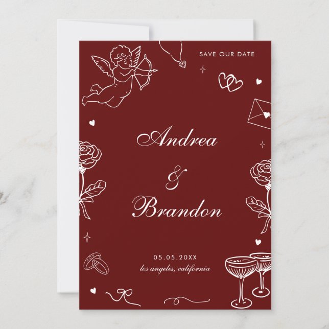 Save The Date Red Whimsical Hand Drawn Fun Scribble Wedding (Devant)