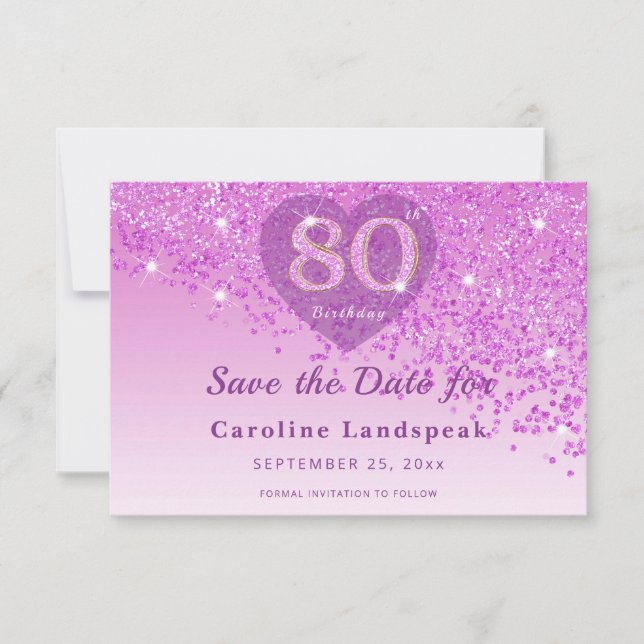 Save The Date Refined 80th Birthday Pink Glitter Frosted Heart (Devant)