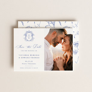 Save The Date Regency Blue Monogram Crest Photo Mariage